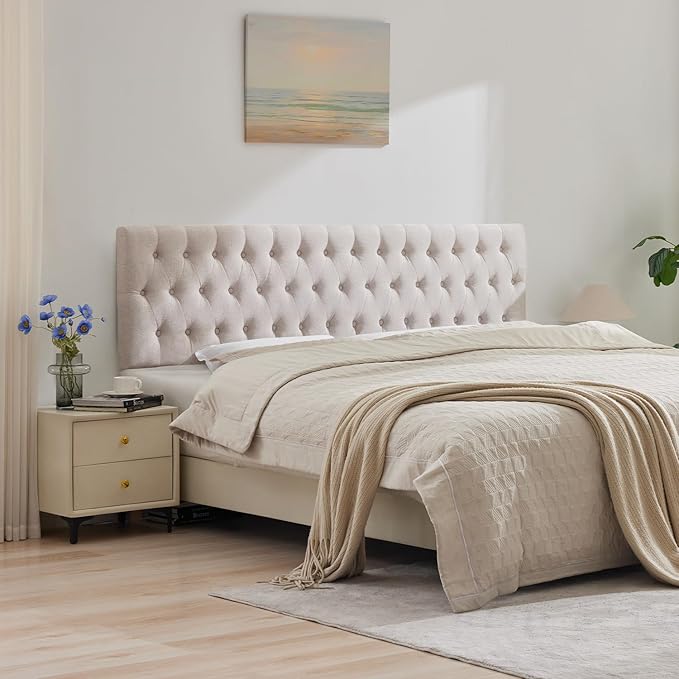 Kingfun Cal King Size Headboard Only, Modern Button Tufted Headboards, Premium Linen Fabric Upholstered Headboard with Wooden Legs, Adjustable Solid Wood Head Board, Beige
