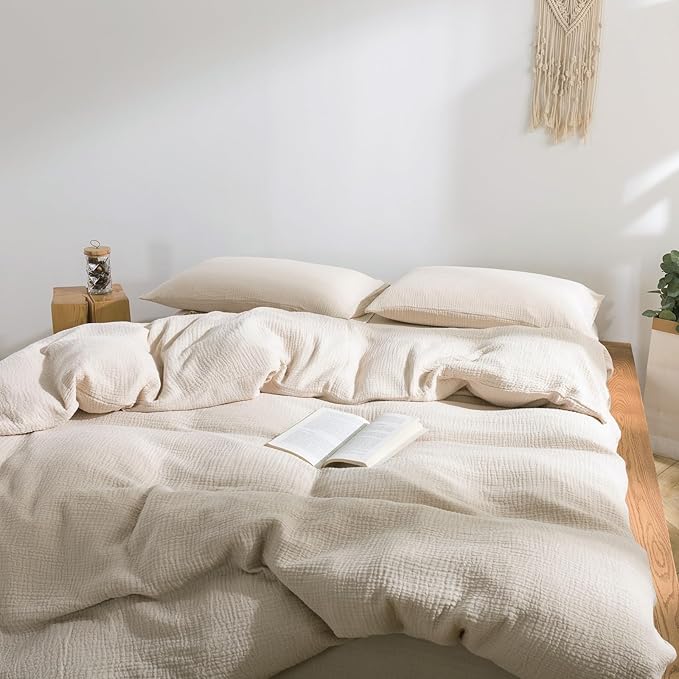 VM VOUGEMARKET 100% Cotton Muslin Duvet Cover King Size 3-Layer Guaze Textured Off-White Bedding Set,Ultra Soft Breathable Textured Linen Like Comforter Cover with Zipper&Ties-Oatmeal