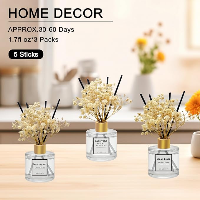 Reed Diffuser Set of 3 Pack,50ML Clean Linen Lemongrass Eucalyptus & Mint Scented Oil Diffuser with 5 Sticks,Home Fragrance Reed Diffuser for Bedroom Bathroom Office