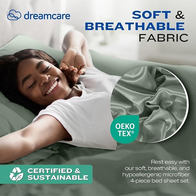 DREAMCARE Full Size Sheets Set - 4 Pcs Cooling Bed Sheets with Up to 15" Deep Pockets - Soft, Long-Lasting 100% Brushed Polyester with Side Pocket (Sage Green) DREAMCARE