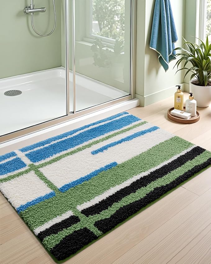 DEXI Striped Bath Mats for Bathroom 24x16, Washable Absorbent Bathroom Rugs with Non Slip Backing, Extra Soft Plush Microfiber Shower Rugs for Tub, Floor, Sink, Blue and Green