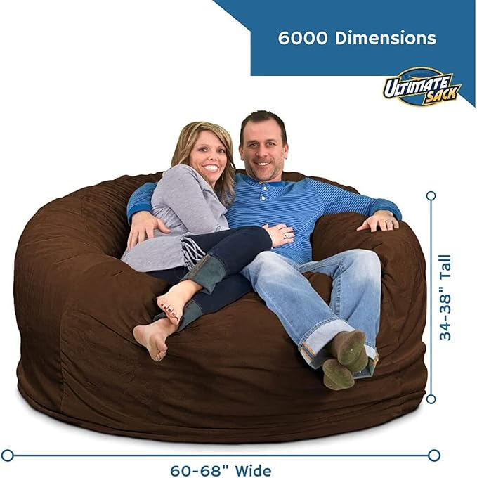 ULTIMATE SACK 6000 6-Foot Bean Bag Chair, Brown Suede Cover – Oversized Foam Lounger, Floor Seat, Small Sofa, or Couch Bed for Living Area, Gaming Room, or Reading Lounge