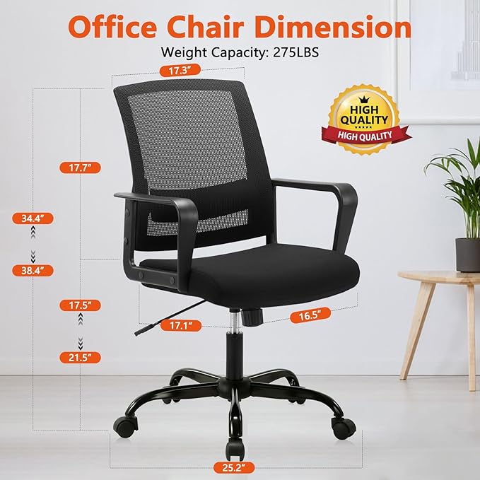 CLATINA Office Chair, Mid Back Ergonomic Desk Chairs Rolling Mesh Computer Chair with Executive Lumbar Support and Height Adjustable Design for Home Office, Black