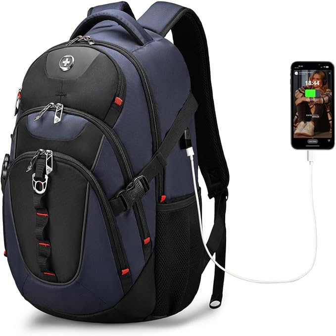 Swissdigital Design Laptop Backpack with USB Charging Port, Travel Backpack Fits 15.6 inches Computer, 31L College School Backpack for Men, Blue/Black | SD803-12