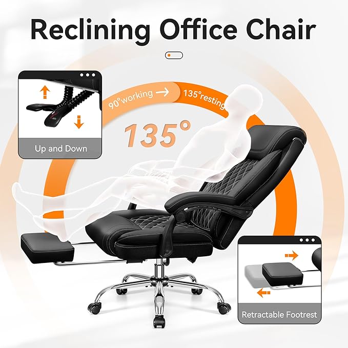 Office Chair, Executive Leather Chair Adjustable High Back, Ergonomic Computer Desk Chair Lumbar Support, Big and Tall Office Chair with Footrest, Comfy Reclining Chair for Home Office