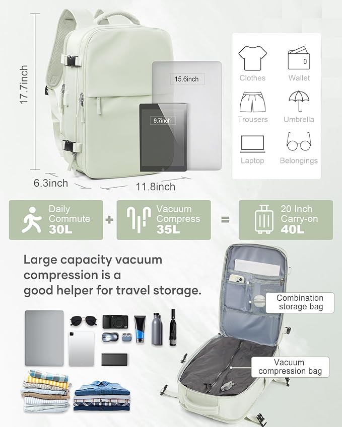 suwasp Vacuum Compression Backpack, 45L Expandable Travel Backpack with Electric Vacpack Pump, Travel Vacuum Bags with Shoe Compartment/17inch Laptop Compartment/USB Port, Mintgreen
