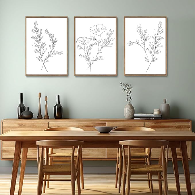 KISSFOX 3 Piece Framed Wall Art Botanical Wall Decor Floral Pictures Wildflower Canvas Art Black White Line Paintings Minimalist Boho Artwork For Bedroom Living Room Bathroom