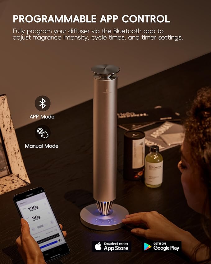 Waterless Scent Diffuser Starter Kit - 1500 Sq Ft Coverage, Alloy Atomization System,Mood Light,Smart Rechargeable Hotel Scent Diffuser, Including 120ml Essential Oil, for Home,Large Room,Spa,Silver