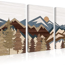 BINCUE Boho Mountain Wall Art Framed Mountains Office Canvas 3 Piece Artwork 12x16 Inch for Living Room Bedroom Décor