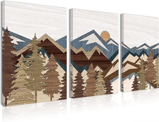 BINCUE Boho Mountain Wall Art Framed Mountains Office Canvas 3 Piece Artwork 12x16 Inch for Living Room Bedroom Décor