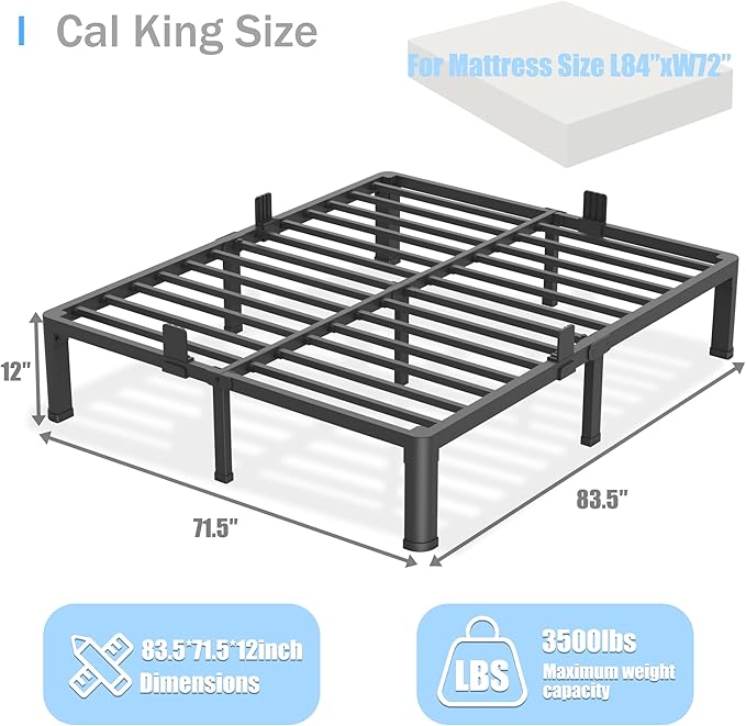 12 inch California King Bed Frame with Round Corner Legs Mattress Slide Stopper,3500 lbs Heavy Duty Metal Platform,Steel Slat Support,No Box Spring Needed,Easy Assembly,Noise Free