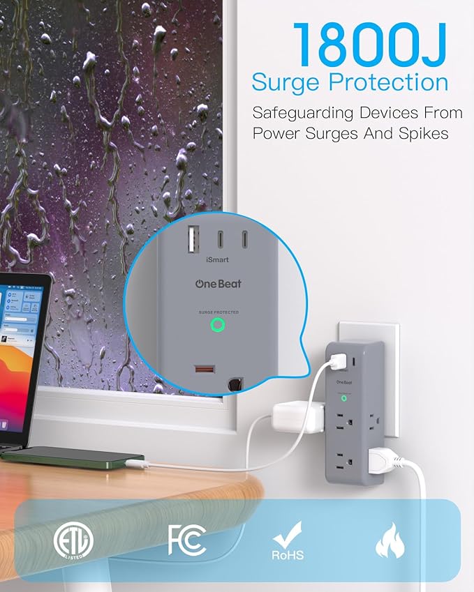 Surge Protector Outlet Extender with Rotating Plug, 6 AC Multi Plug Outlet with 3 USB Ports (2 USB C), 1800 Joules, 3-Sided Swivel Power Strip with Spaced Outlet Splitter for Home, Office, Dorm, Grey