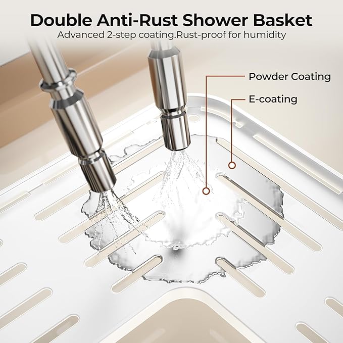 Orimade Rustproof 3 Tier Floor Standing Corner Shower Caddy Organizer with Toothbrush Holder, Large Spacing Floor Shower Shelf Rack Storage Stands with Hooks for Bathroom Kitchen, White