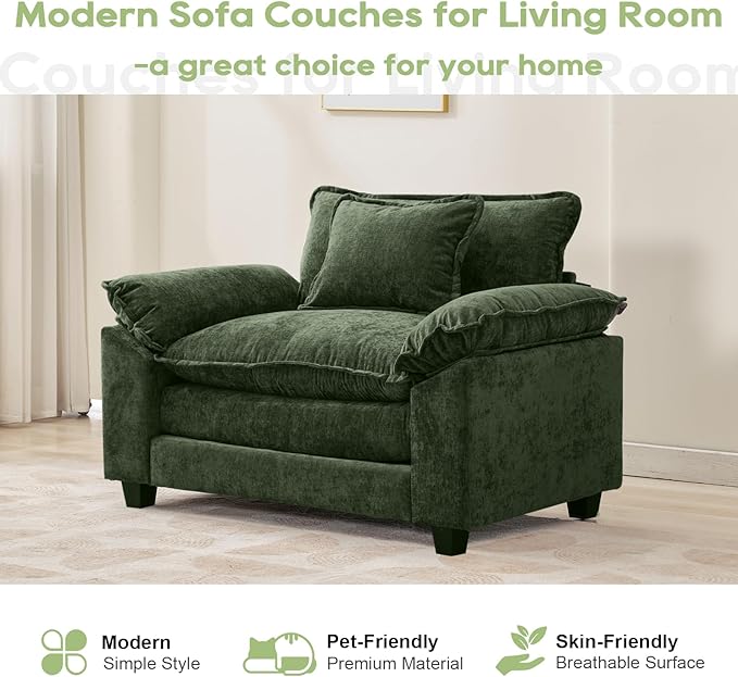 Modular Sectional Sofa, Comfy Cloud Couch Sectional Sofa, Chenille Sofa Sleeper Deep Seat Sofa with Throw Pillows for Living Room (Green, 53"- Single Seat)