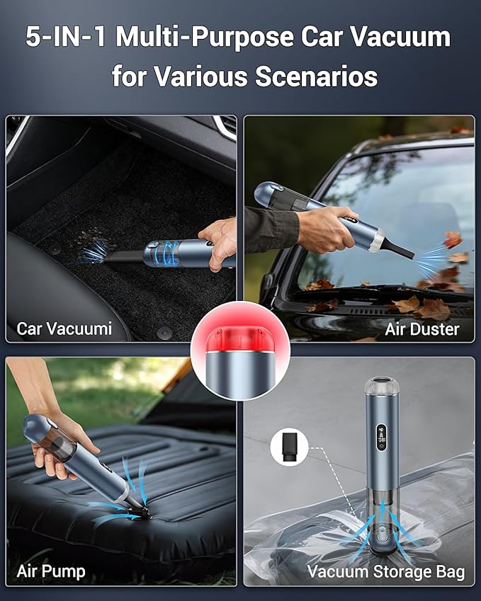 Handheld Vacuum Cordless, 18000Pa Car Vacuum with Brushless Motor, 5-in-1 Portable Hand Held Vacuum with 3 Speed Modes, High Power Mini Vacuum Cleaner with White LED & Red Flash for home, Car, Office