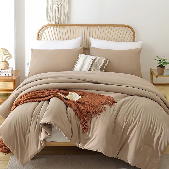 ROSGONIA Oversized King Comforter Taupe Brown, 3pcs(1 Boho Tan Comforter & 2 Pillowcases), Lightweight Oversized King Size Comforter Sets Soft Bedding