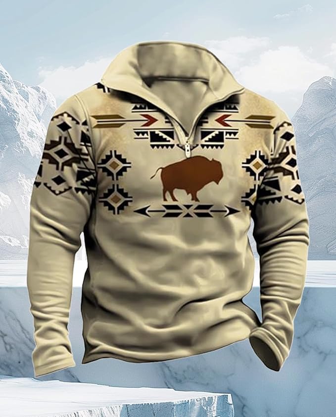 Western Sweatshirts for Men Aztec Cowboy Vintage Graphic Fleece Hoodie Mens Quarter Zip Pullover Country Jacket