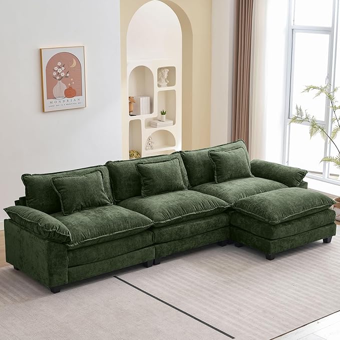 120" Modular Sectional Sofa, Comfy Cloud Couch Sectional Sofa with Ottoman, Chenille Sofa Sleeper Deep Seat Sofa with Throw Pillows for Living Room (Green, 120"- L Shape)