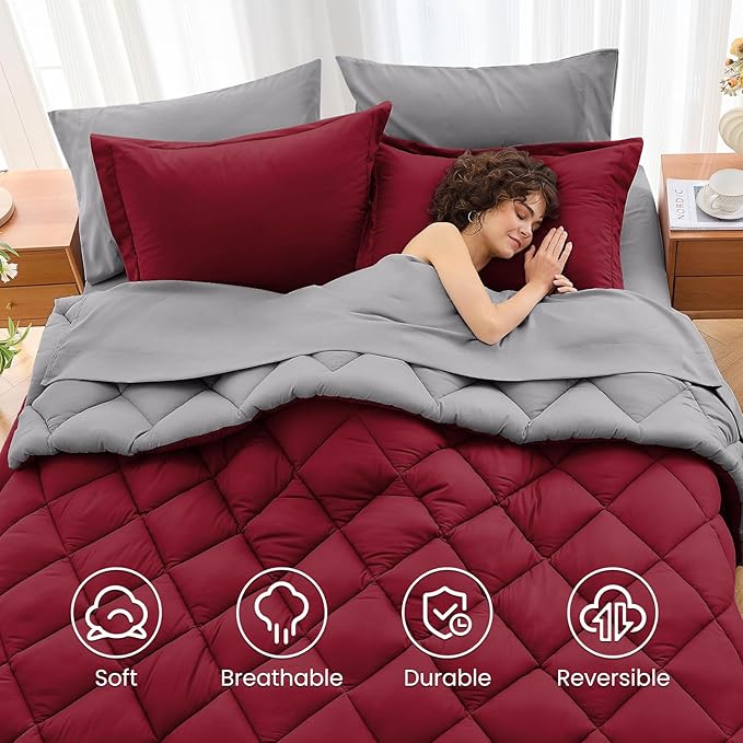 MUXHOMO 7 Pieces California King Comforter Set, Reversible Bed in a Bag Cal King Size, All Season Bedding Set with Comforter, Flat Sheet, Fitted Sheet, Pillowcases & Shams, Burgundy & Grey