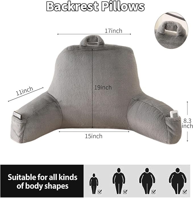 Reading Pillow for Sitting in Bed, Large Backrest Reading Pillow with Arm Rest,Back-Rest Support Cushion for Sit Up on Couch, Sofa, and Floor, Dorm Essentials (Gray Faux Fur, Large(19"))