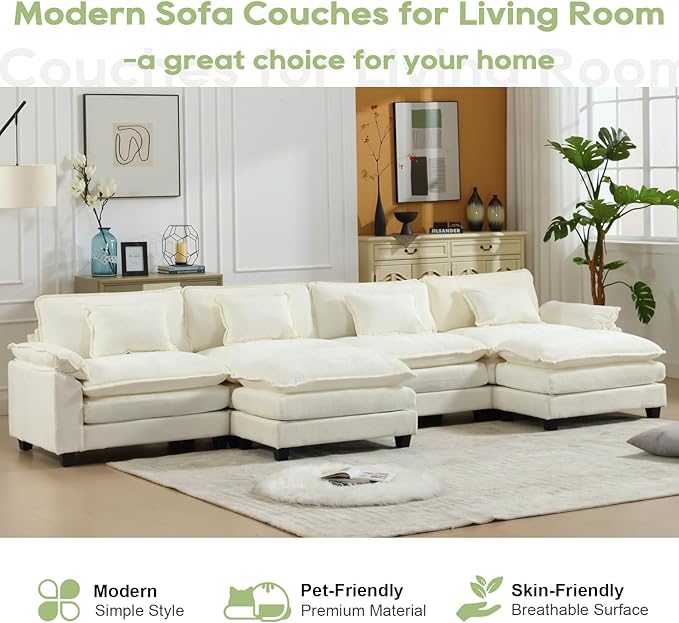 154" Modular Sectional Sofa, Comfy Cloud Couch Sectional Sofa with Ottoman, Chenille Sofa Sleeper Deep Seat Sofa with Throw Pillows for Living Room (Beige White, 154"- U Shape)