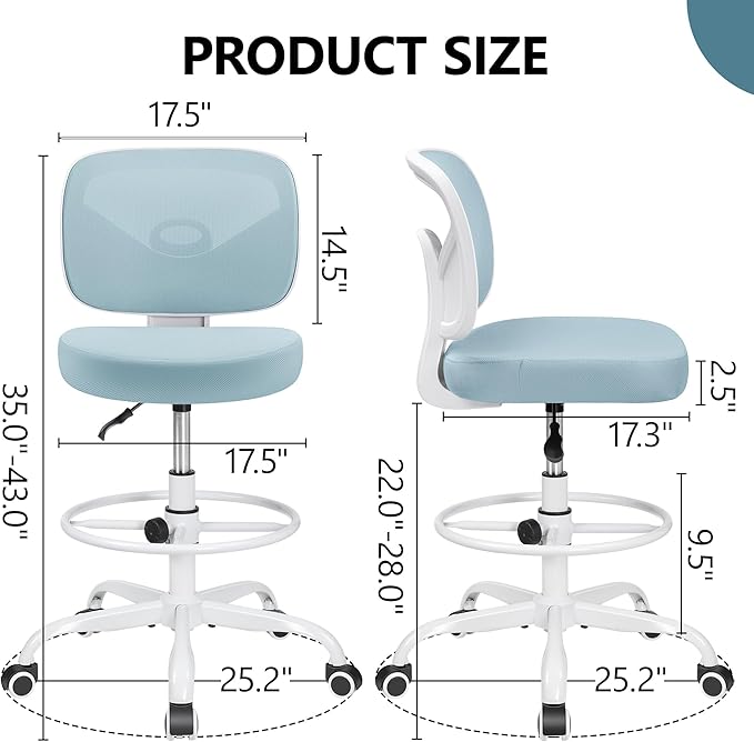 Primy Tall Drafting Desk Chair - Armless, Adjustable Height, Mesh Back, Rolling, Standing Desk Chair for Art Room, Office or Home (Light Blue)