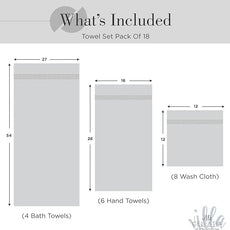 100% Cotton Bath Towel Set of 18-4 Bath Towels, 6 Hand Towels, 8 Wash Cloths, Sustainable, Soft, Highly Absorbent, Combed Cotton 18 Piece Set for Hotels, Spa, Bathroom, Dorm, Silver