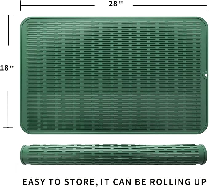 Silicone Dish Drying Mat for Multiple Usage,Easy clean,Eco-friendly,Heat-resistant Silicone Mat for Kitchen Counter or Sink,Refrigerator or Drawer Liner Green 3XL 28 inches x 18 inches