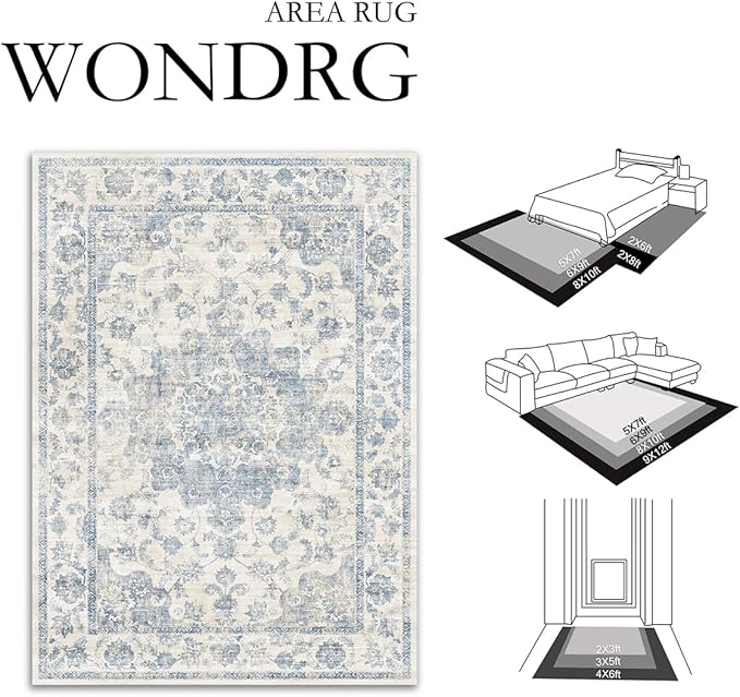 10x12 Neutral Area Rug Blue Vintage Living Room Bedroom Washable Carpet Non-Slip Soft Low Pile Floral Indoor Large Throw Rug for Dining Room Office