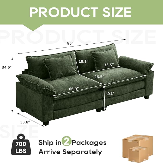 86" Modular Sectional Sofa, Comfy Cloud Couch Sectional Sofa, Chenille Sofa Sleeper Deep Seat Sofa with Throw Pillows for Living Room (Green, 86"- Loveseat)