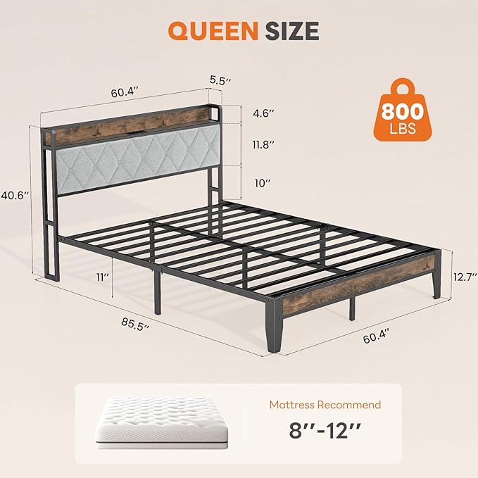 Sweetcrispy Queen Bed Frame with Headboard, Storage Headboard with USB Charging Station, Durable Squeak-Free Frame, Simple No-Tool Assembly,Works with Queen Mattress No Box Spring Needed