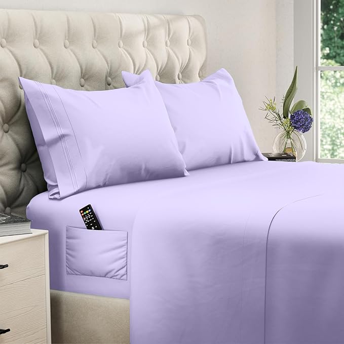 DREAMCARE Full Size Sheets Set - 4 Pcs Cooling Bed Sheets with Up to 15" Deep Pockets - Soft, Long-Lasting 100% Brushed Polyester with Side Pocket (Lavender) DREAMCARE
