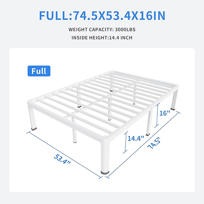 MAF 16 Inch Full Size Bed Frame White with Round Corner Legs Mattress Slide Stopper No Box Spring Needed Heavy Duty Metal Platform Bed Frames Under-Bed Storage Space, 3000 LBS Steel Slats Support