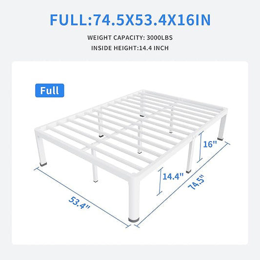 MAF 16 Inch Full Size Bed Frame White with Round Corner Legs Mattress Slide Stopper No Box Spring Needed Heavy Duty Metal Platform Bed Frames Under-Bed Storage Space, 3000 LBS Steel Slats Support