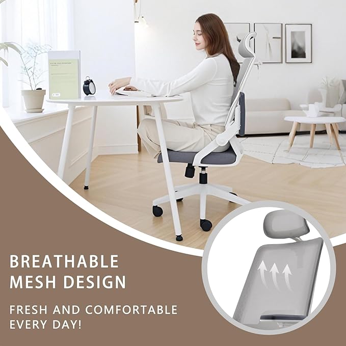 Ergonomic Mesh Office Chair with Dynamic Lumbar Support & Adjustable Headrest, Home Office Desk Chair with 90° Swivel Flip-Up Arms, Grey - Tilt Lock, Height Adjustable, 350 lbs Capacity