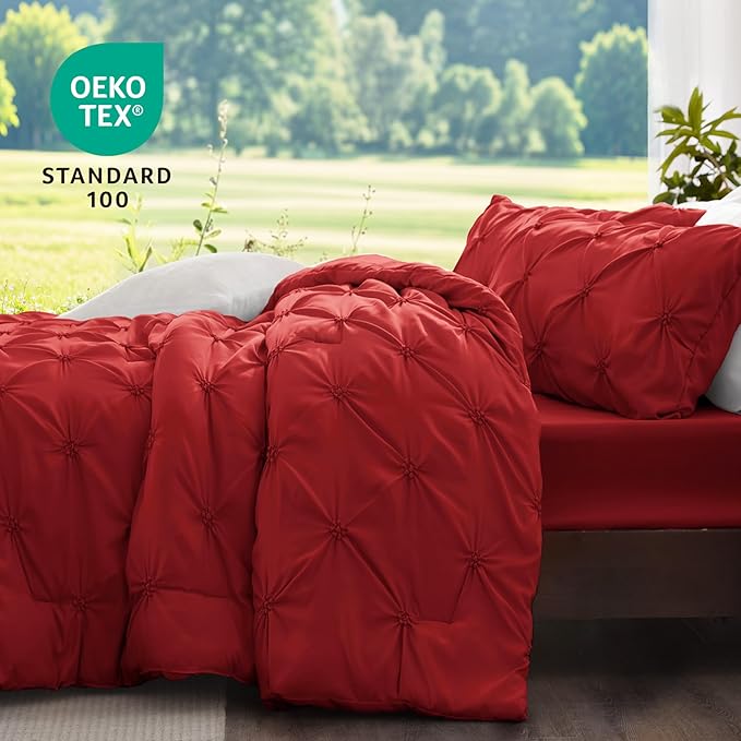 BEDELITE Red Queen Comforter Set - 3 Pieces Boho Pintuck Bedding Comforter Sets, Lightweight Soft & Warm Bed Comforter Queen with 2 Pillowcases for All Season