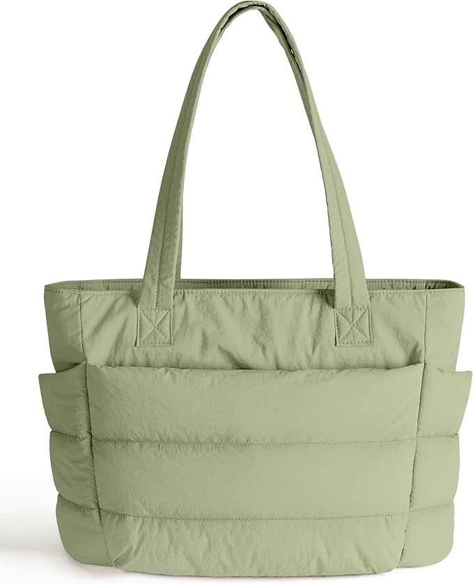 Puffer Tote Bag for Women, Cute Quilted Carryall with Zippered Compartments Shoulder Bag Handbag for Work, Travel, Gym