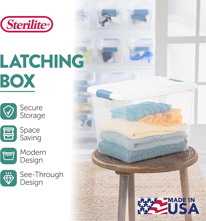 Sterilite 18-Pack Latching Box, Under Bed Storage Bins with Lids, Clear Plastic, 25 Quart - Heavy-Duty Organizing Containers for Closet, Bathroom, and Office