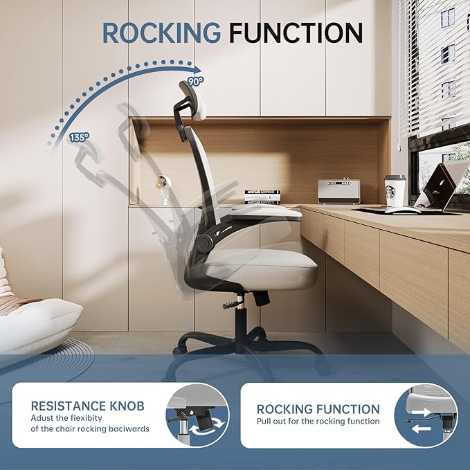 Office Chair Ergonomic Desk Chair, 330LBS Capacity, High Back Computer Chair for Long Hours Comfortable, Rolling Swivel Executive Task Chair for Home Office with Flip-up Armrests, Black Grey