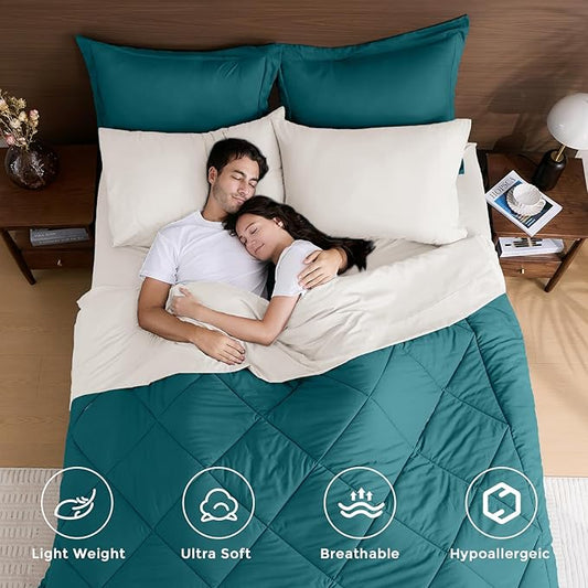 HEVUMYI Full Comforter Set - 7-Piece All Season Bed in a Bag Full, Ultra Soft Bedding Set with Comforter, Flat Sheet, Fitted Sheet, Pillowcases, Pillow Shams, Peacock Blue & Ivory