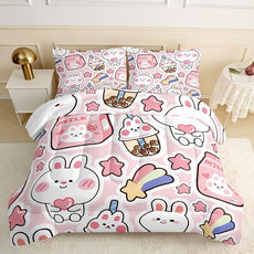 Fiico Kawaii Rabbit Bedding Set, Twin/Full/Queen Size, 3 Pieces, U1 Color, Microfiber, Cartoon Pattern, Kids Room Decor