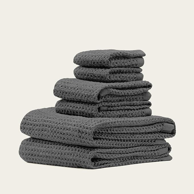 Italic Sedona Waffle Towel Set, 6-Piece 410 GSM 100% Cotton Set Includes 2 Bath Towels, 2 Hand Towels & 2 Washcloths, Quick-Drying (Charcoal)