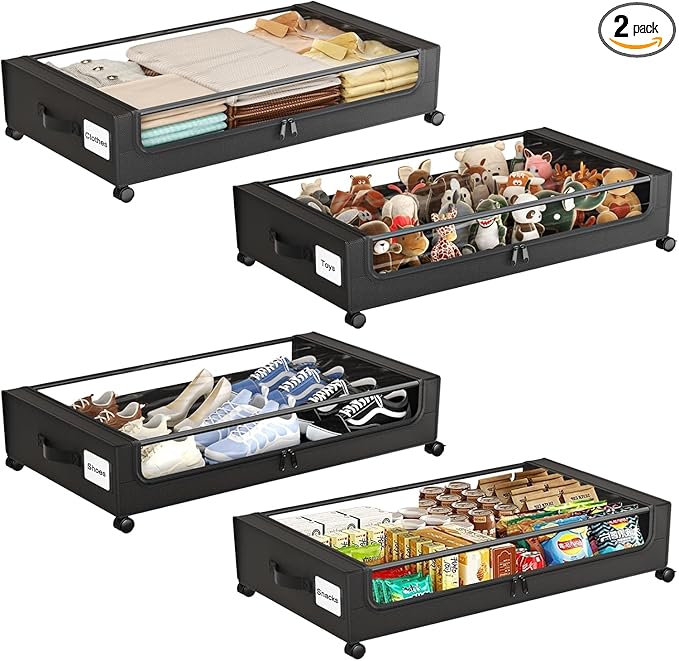 Under Bed Storage with Wheels,Under Bed Storage Containers with Clear Lids, Under-Bed Organizers for Clothes, Shoes – Durable Storage Bins with Smooth Rolling Wheels (Black, 4 Pack)