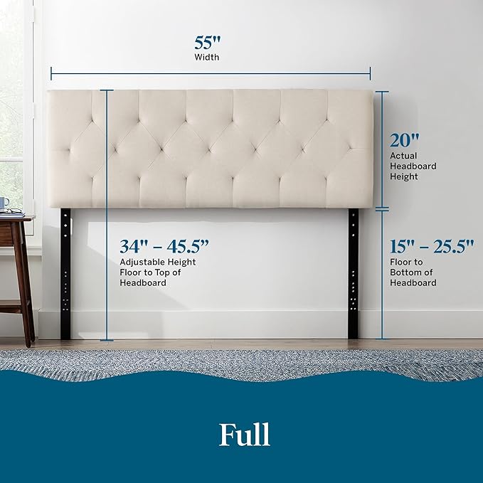 Lucid Mid-Rise Upholstered Headboard - Diamond Tufted - Padded Polyester - Adjustable Height from 34” to 46” - Easy Assembly - Bed Frame or Wall Mount - Sturdy - Pearl - Full / Full XL Size