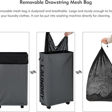 DOKEHOM 29-Inches Enlarged Slim Laundry Basket with Removable Wash Bag on Wheels, Collapsible Rolling Laundry Hamper, Foldable Narrow Corner Clothes Storage Bins (Dark Grey)