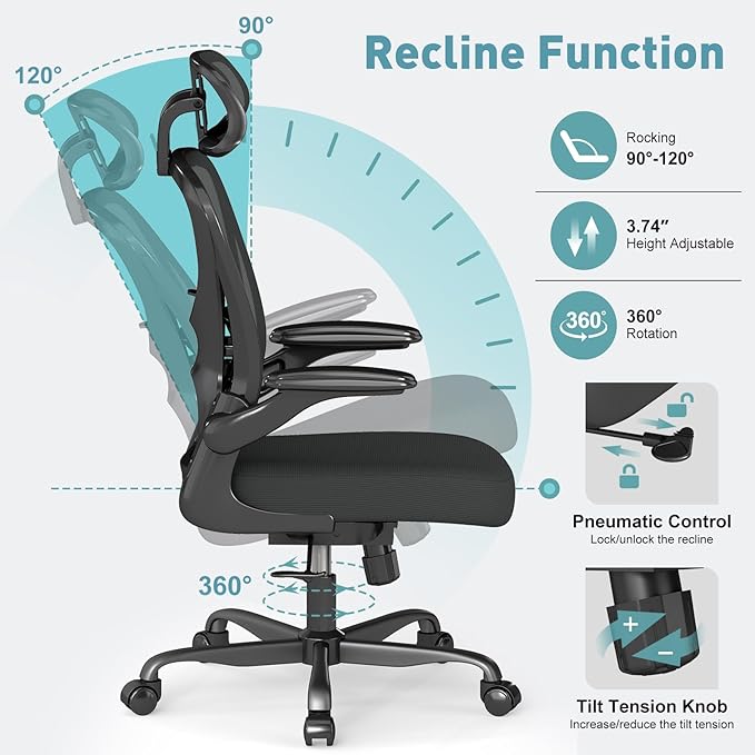 ZZH Ergonomic Office Chair Set of 2 with Adjustable Lumbar Support and Headrest, Mesh Home Office Desk Chair with Wheels and Flip-up Arms, Black