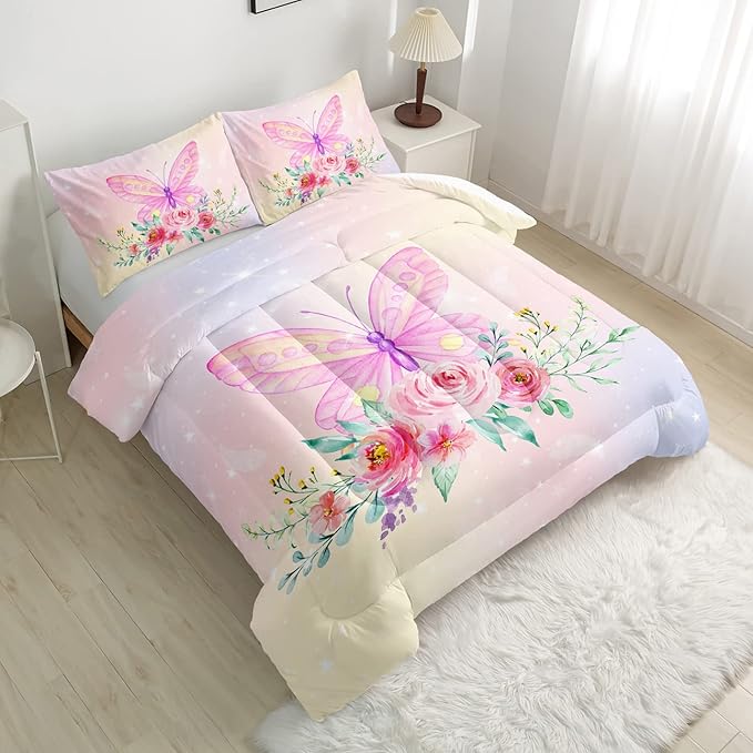 CVHOUSE Butterfly Comforter Set,Luxurious Blue Butterfly Bedding Set for Kids Teens,Blue Butterflies Comforter Butterflies Duvet Set Room Decor Quilt Set Queen Size