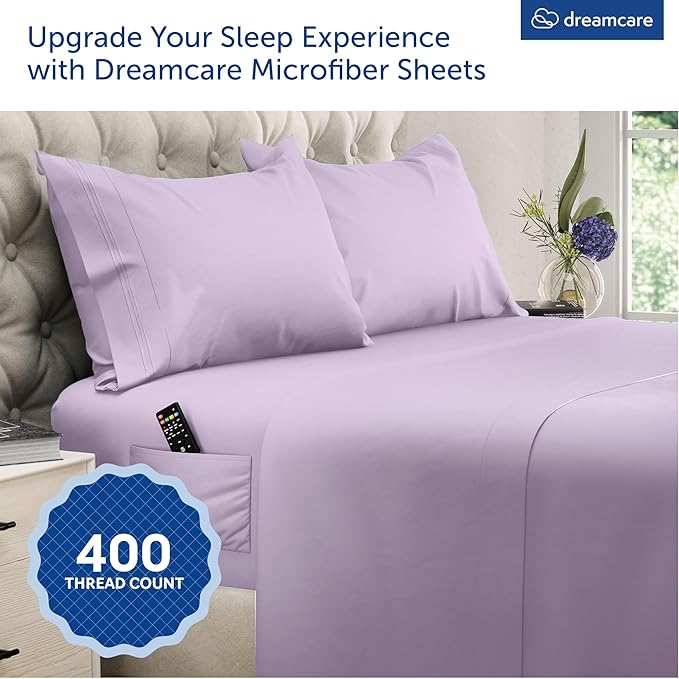 DREAMCARE Queen Sheet Set – 4 pcs Cooling Sheets – up to 21” Extra Deep Pocket Queen Sheets – Hotel Luxury Sheets & Pillowcases – Superior Softness 100% Microfiber with Side Pocket - Lavender DREAMCARE