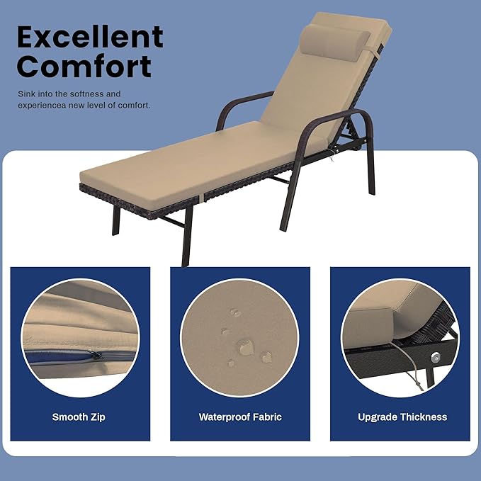 Patio Chaise Lounge Set 3 Pieces Pool Lounge Chairs,Cushioned Outdoor Folding Lounge Chair w/Arm and Rattan Adjustable Backrest for Poolside Porch,Folding Table Included,Sand