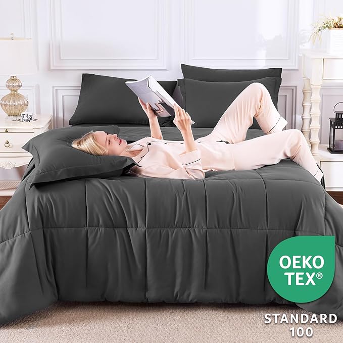 CozyLux King Size Comforter Set Dark Grey - 7 Pieces Bed in a Bag King, Okeo-Tex Certifited Bedding Set, All Season Soft Bed Set with Down Alternative Comforter, Sheets, Pillowcases & Pillow Shams